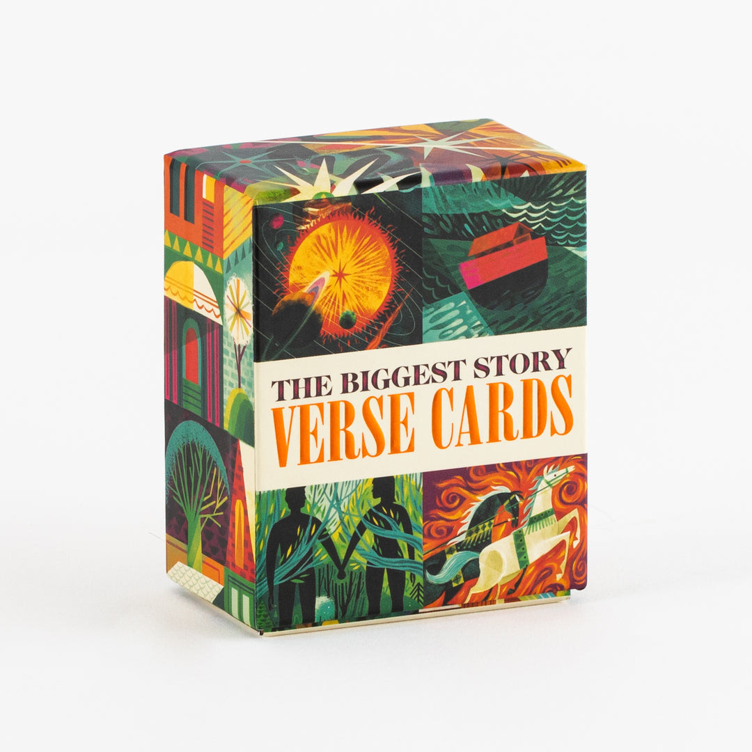 Angled product shot of The Biggest Story Verse Cards box, illustrated with a fiery sunburst, Noah's ark sailing on green water, two silhouetted figures walking through a river, and a rider on a white horse amid flames; cream title band reads 'The Biggest Story Verse Cards.'