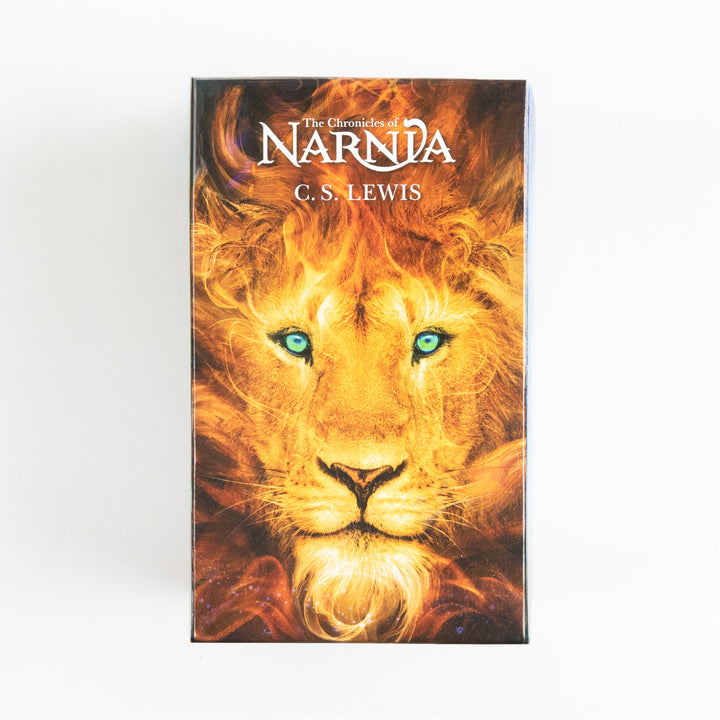 Side panel of The Chronicles of Narnia box set showing a close-up fiery portrait of Aslan&