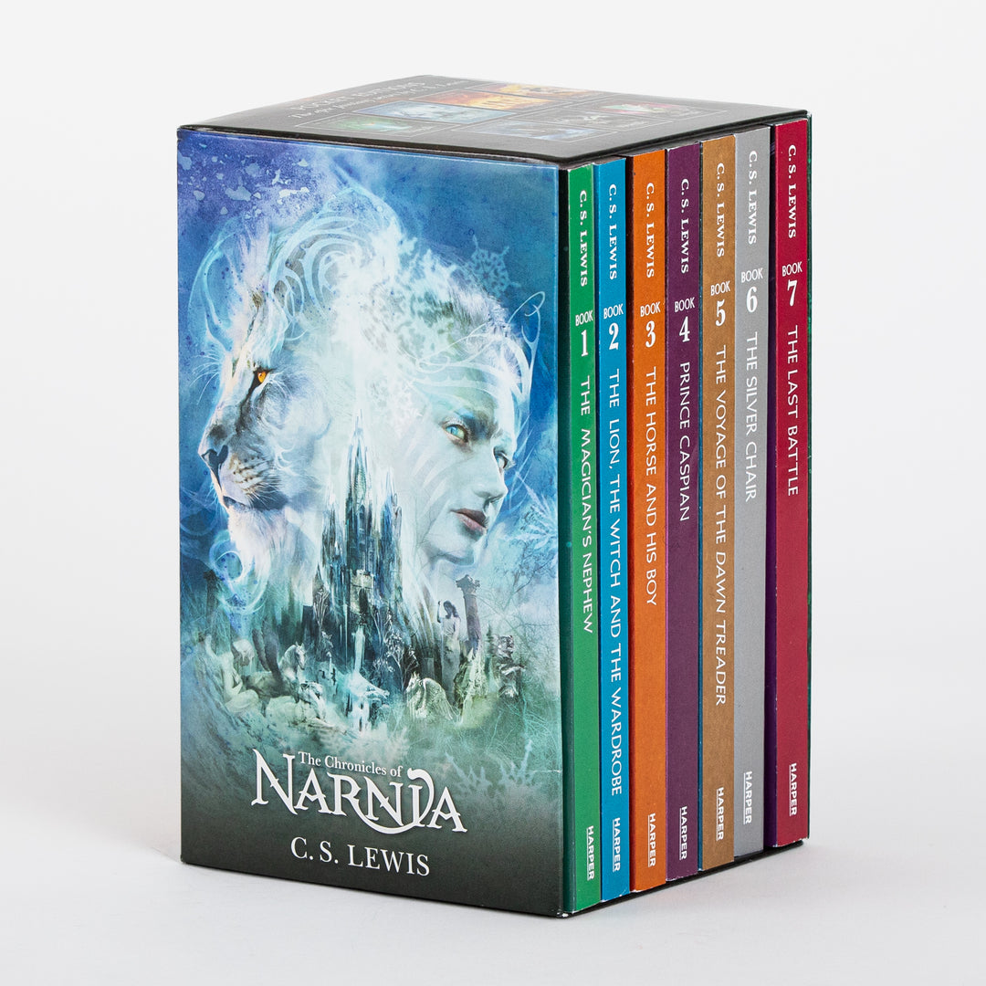 The Chronicles of Narnia 7-Book Box Set by C.S. Lewis, shown at a three-quarter angle with all seven spines visible on the right and the box&