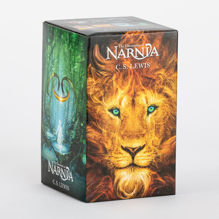 Close-up three-quarter view of The Chronicles of Narnia box set corner, showing the fiery close-up portrait of Aslan&