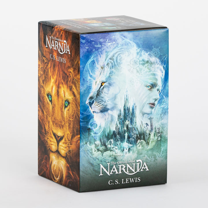 Close-up three-quarter view of The Chronicles of Narnia box set corner, showing the fiery Aslan face artwork on the left side panel next to the icy blue Aslan-and-White-Witch face artwork on the front panel.
