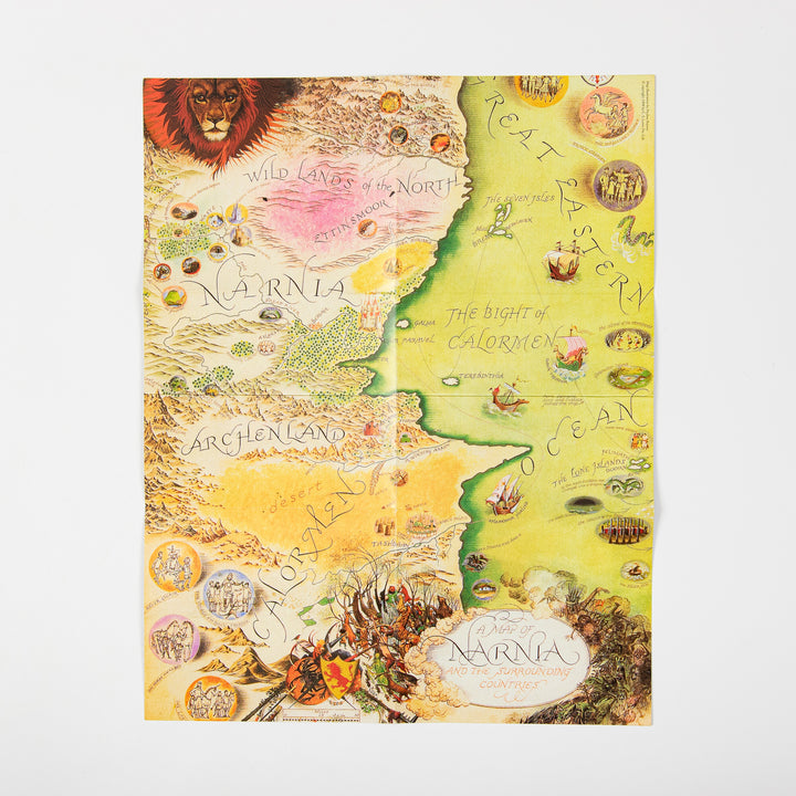Fully unfolded Pauline Baynes-style hand-drawn map of Narnia and surrounding countries included in the set, showing a lion&