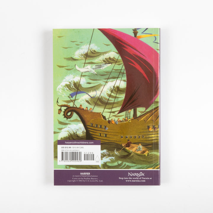 Back cover of the full-color paperback edition of The Voyage of the Dawn Treader, showing the golden dragon-headed ship under a red sail on rolling waves, with a rowboat alongside and a barcode sticker.