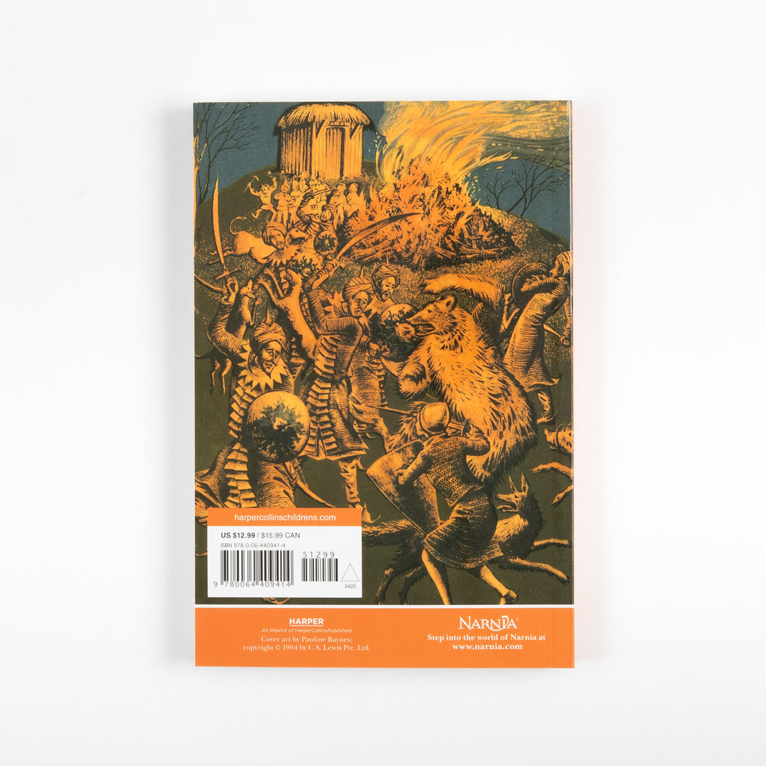 Back cover of the full-color paperback edition of The Last Battle, showing the battle scene continuing with a rearing bear among fighters near a burning building, with a price sticker and barcode at the top.