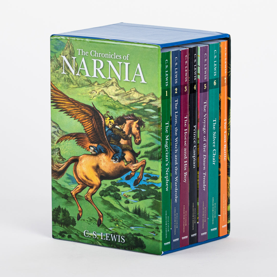 Three-quarter view of the Chronicles of Narnia full-color paperback box set, showing the front panel illustrated with two children riding a winged golden horse over a green mountain valley, and the spines of all seven paperbacks numbered 1 through 7 along the right edge.