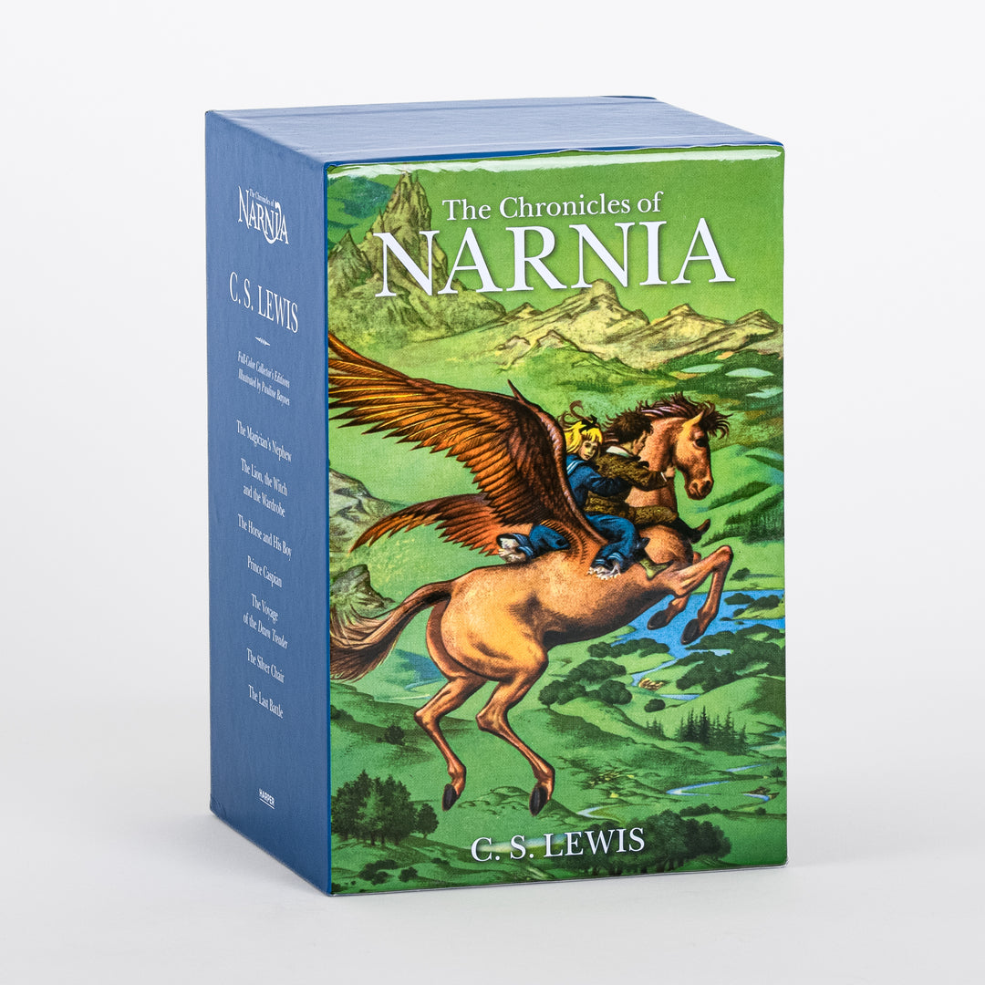 Three-quarter view of the Chronicles of Narnia full-color paperback box set showing the green winged-horse front panel alongside the narrow side panel listing all seven book titles beneath the Narnia logo.
