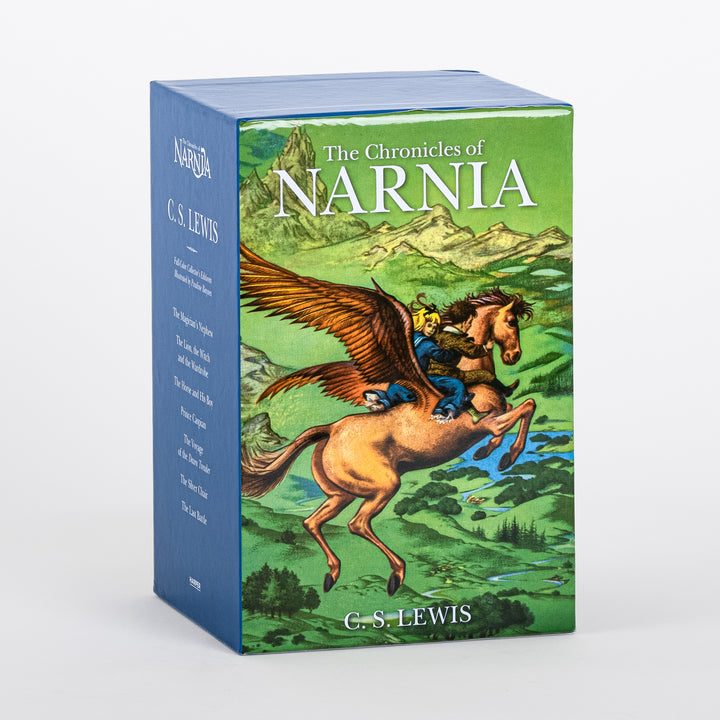Three-quarter view of the Chronicles of Narnia full-color paperback box set showing the green winged-horse front panel alongside the narrow side panel listing all seven book titles beneath the Narnia logo.