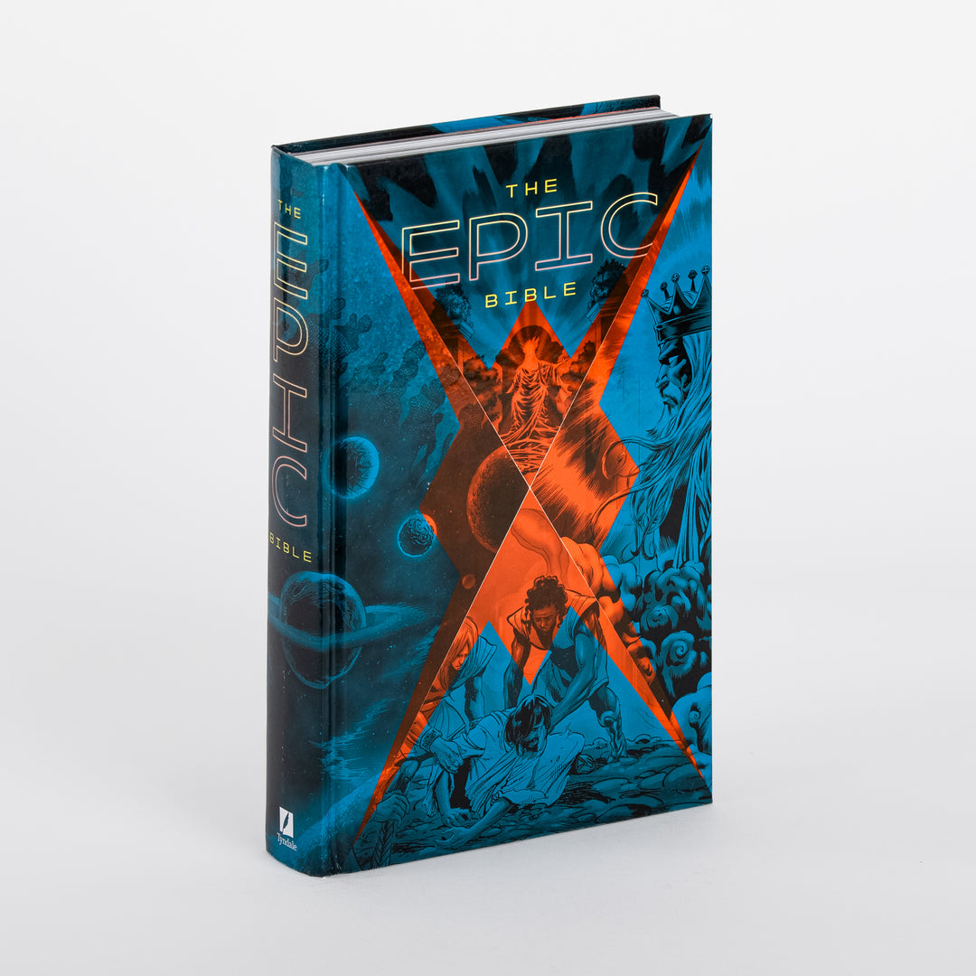 Three-quarter angled view of 'The Epic Bible: God's Story from Eden to Eternity' hardcover, showing both the front cover and spine. The spine displays 'THE EPIC BIBLE' in vertical white and yellow lettering, and the front cover repeats the teal-and-orange X-shaped comic-book cover art with the title at top.