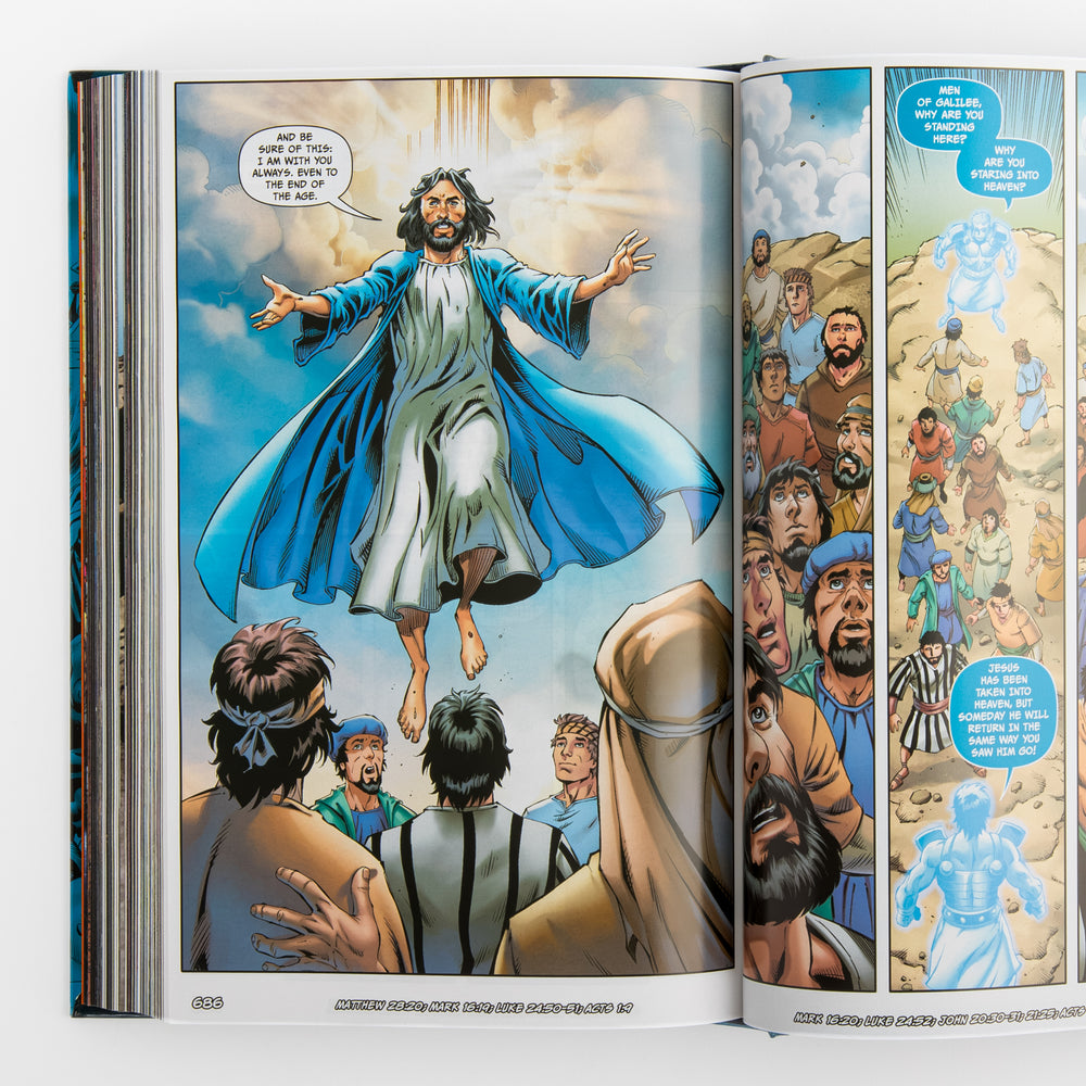 Interior comic-book spread from 'The Epic Bible' illustrating the ascension of Jesus. Jesus rises into a bright cloud with arms outstretched, telling his disciples 'I am with you always, even to the end of the age,' while the disciples below look up in awe. On the facing page, two glowing angelic figures ask the disciples, 'Men of Galilee, why do you stand looking into heaven?'