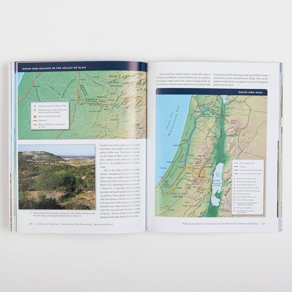 Open book spread: left page has a green topographical map titled 'David and Goliath in the Valley of Elah' with a legend of camps and battle routes, plus a photo of the Elah Valley landscape below; right page has body text beside a larger numbered topographical map titled 'David and Saul' showing troop movements across ancient Israel.