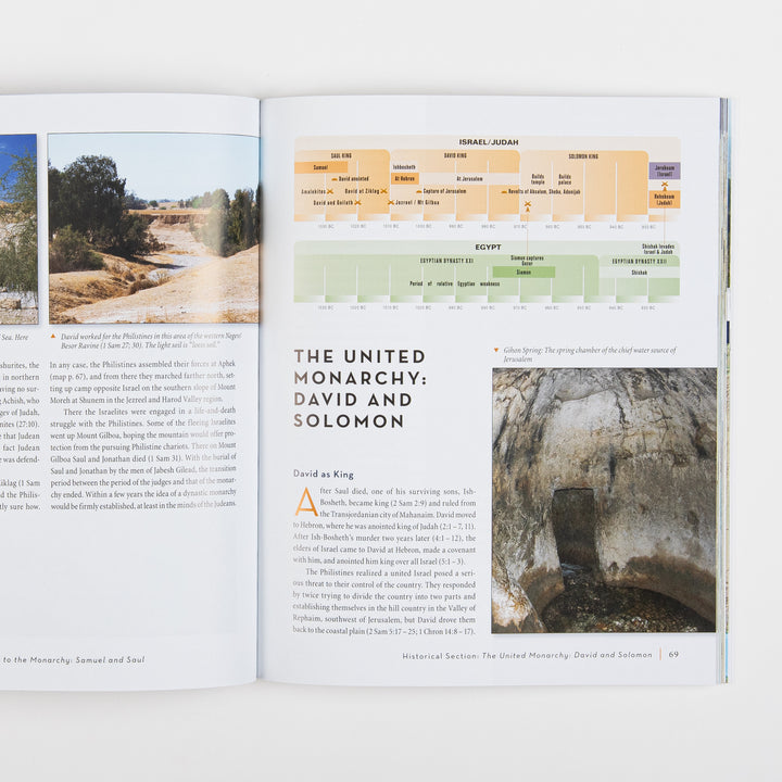 Open book spread: left page shows a photograph of a dry wadi riverbed landscape; right page has a horizontal dynasty timeline chart comparing &