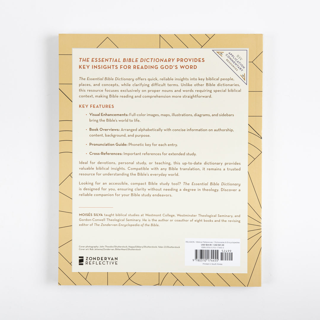 Back cover of The Essential Bible Dictionary on a tan background with a thin geometric line pattern. Cream text panel with an orange heading describing the book, a bulleted &