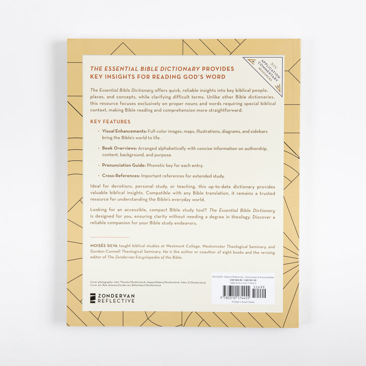 Back cover of The Essential Bible Dictionary on a tan background with a thin geometric line pattern. Cream text panel with an orange heading describing the book, a bulleted &