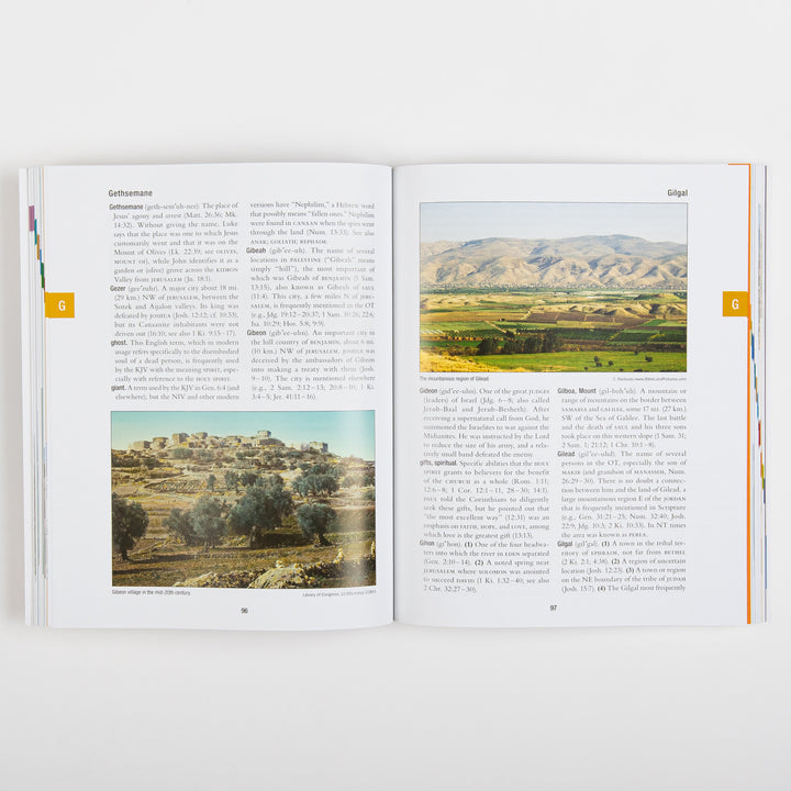 Two-page spread from The Essential Bible Dictionary, pages 96-97, marked with orange &