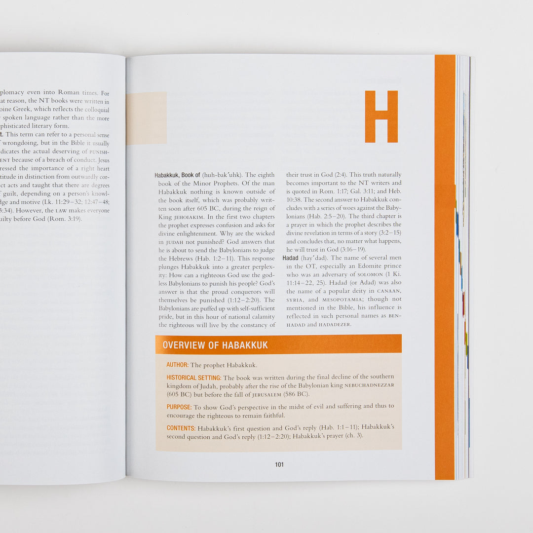 Interior page 101 of The Essential Bible Dictionary opening the letter H section, marked by a large orange &