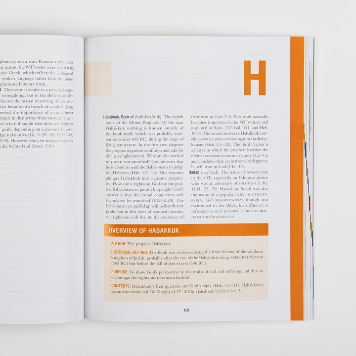 Interior page 101 of The Essential Bible Dictionary opening the letter H section, marked by a large orange &