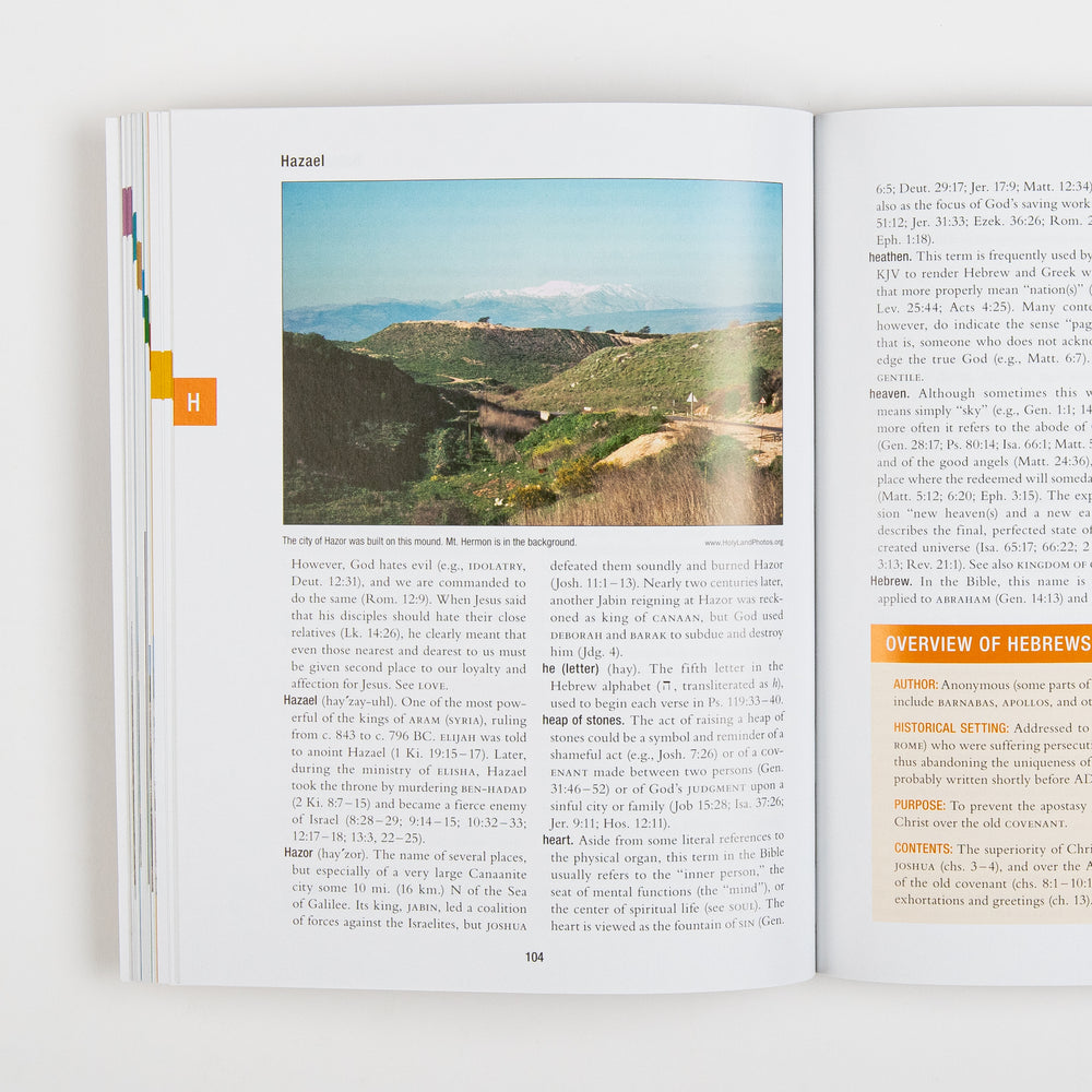 Open interior spread from The Essential Bible Dictionary at the 'Hazael' entry, page 104. A color photo of green hills with snow-capped Mt. Hermon in the distance sits above the definition text, captioned 'The city of Hazor was built on this mound. Mt. Hermon is in the background.' The facing page continues with entries for 'he,' 'heap of stones,' and 'heart,' plus an orange 'Overview of Hebrews' sidebar box.