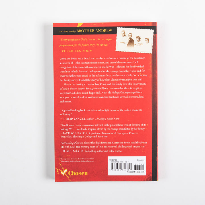 Back cover of The Hiding Place, 35th Anniversary Edition. Red background with a black band reading Introduction by Brother Andrew, a gold pull quote from Corrie ten Boom, a sepia family photo, black body text summarizing her story as a Holocaust survivor and evangelist, endorsements from Philip Yancey, Jack W. Hayford, and Joyce Meyer, the Chosen Books logo, and a price/barcode panel showing $17.99.