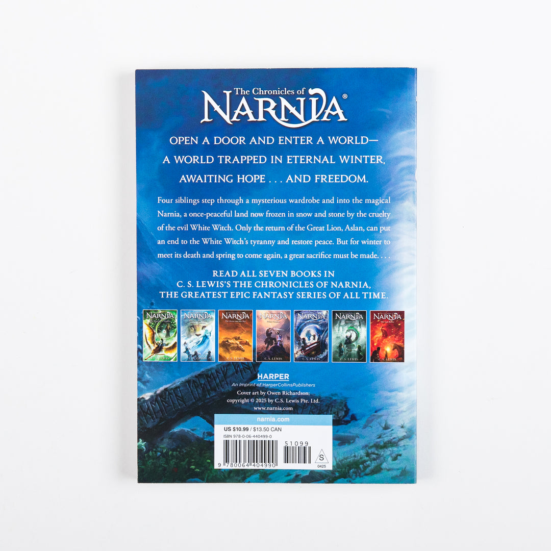 Back cover of The Lion, the Witch and the Wardrobe paperback with book summary, thumbnail covers of all seven Chronicles of Narnia books, publisher info, and a price sticker reading US $10.99.