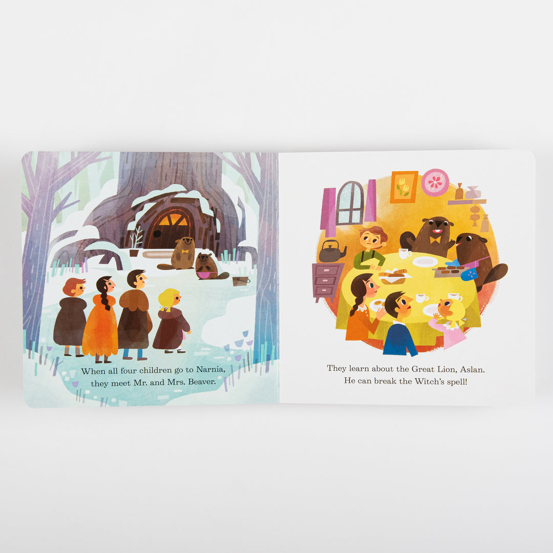 Interior spread from the board book: on the left, the four children in coats stand outside a snow-covered tree stump home meeting Mr. and Mrs. Beaver, with text &