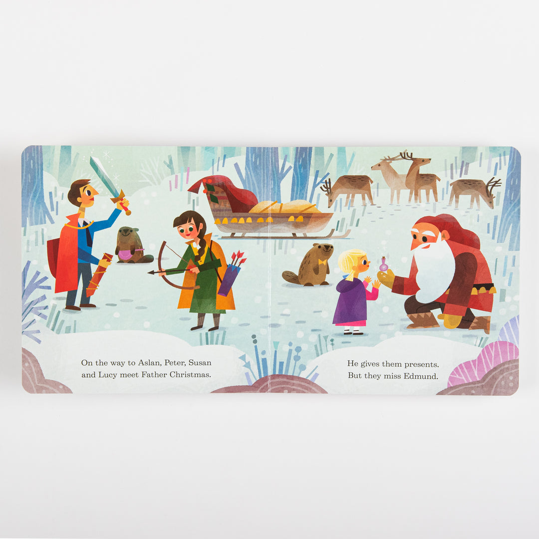 Interior spread from the board book showing Peter with a sword, Susan with a bow, beavers, reindeer, and Father Christmas in his red coat kneeling to hand Lucy a small gift bottle in a snowy forest. Text reads &