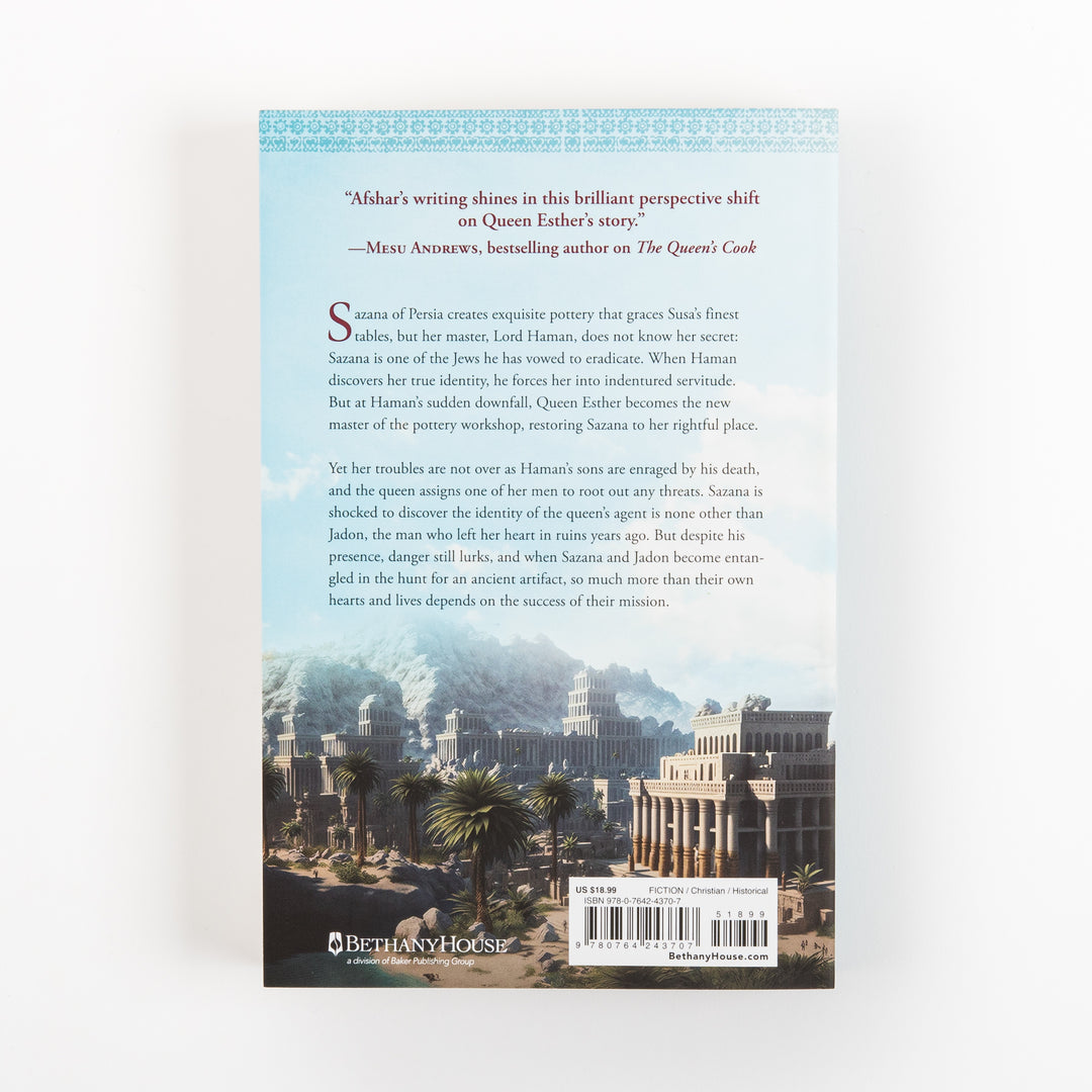 Back cover of The Royal Artisan by Tessa Afshar. Top shows a review blurb from Mesu Andrews, followed by two paragraphs of plot summary about potter Sazana, Lord Haman, and Queen Esther over an illustration of an ancient Persian city with palm trees. Bottom shows price, barcode, and the Bethany House logo.