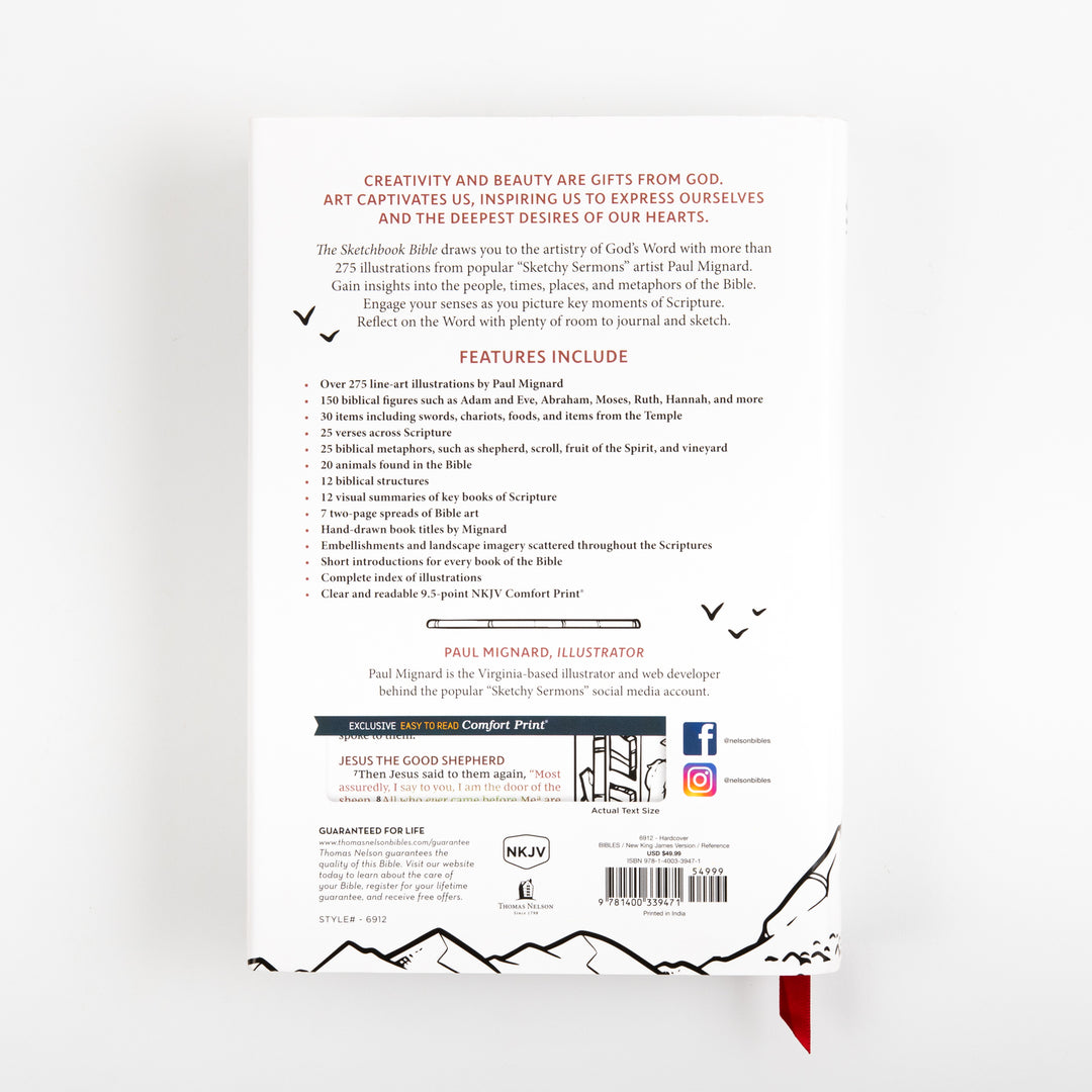 Back cover of The Sketchbook Bible listing product features in red and black text, including over 275 line-art illustrations by artist Paul Mignard, 150 biblical figures, 25 biblical metaphors, 12 visual book summaries, two-page spreads, and short book introductions; a small preview of the "Jesus the Good Shepherd" page, publisher and ISBN details, and a black-and-white mountain line drawing along the bottom edge with the red ribbon marker visible.