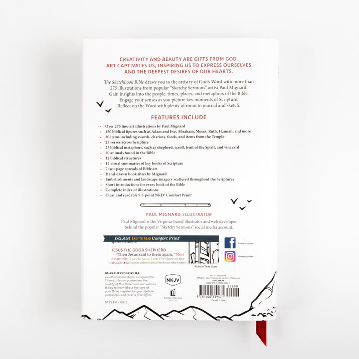 Back cover of The Sketchbook Bible listing product features in red and black text, including over 275 line-art illustrations by artist Paul Mignard, 150 biblical figures, 25 biblical metaphors, 12 visual book summaries, two-page spreads, and short book introductions; a small preview of the "Jesus the Good Shepherd" page, publisher and ISBN details, and a black-and-white mountain line drawing along the bottom edge with the red ribbon marker visible.