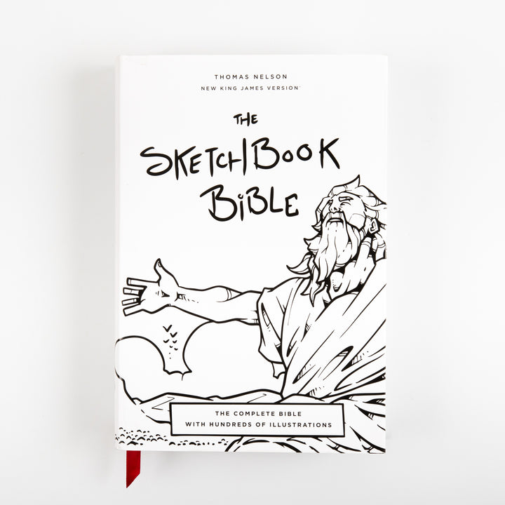 Front cover of The Sketchbook Bible (NKJV, Red Letter, Comfort Print), a white hardcover with a red ribbon marker featuring a large black-and-white line-art illustration of Moses with wind-swept hair and beard, arms raised and reaching outward toward a parted sea. The hand-lettered title "The Sketchbook Bible" appears above the illustration, with "Thomas Nelson / New King James Version" at the top and a boxed line reading "The Complete Bible with Hundreds of Illustrations" near the bottom.