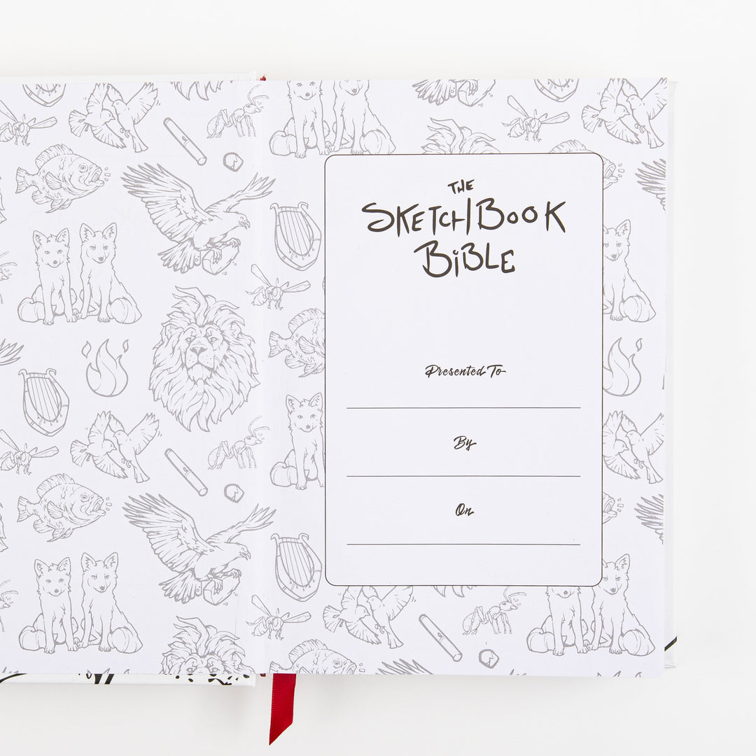 Interior spread of The Sketchbook Bible showing the presentation page: the left page is covered edge-to-edge with fine gray line-art doodles of animals (foxes, a lion, an eagle, fish) and small objects like a harp and torch, while the right page has a boxed panel with the hand-lettered "The Sketchbook Bible" title and blank lines for "Presented To," "By," and "On."