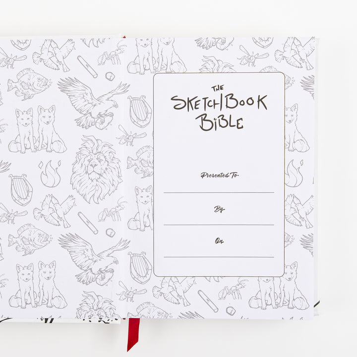 Interior spread of The Sketchbook Bible showing the presentation page: the left page is covered edge-to-edge with fine gray line-art doodles of animals (foxes, a lion, an eagle, fish) and small objects like a harp and torch, while the right page has a boxed panel with the hand-lettered "The Sketchbook Bible" title and blank lines for "Presented To," "By," and "On."