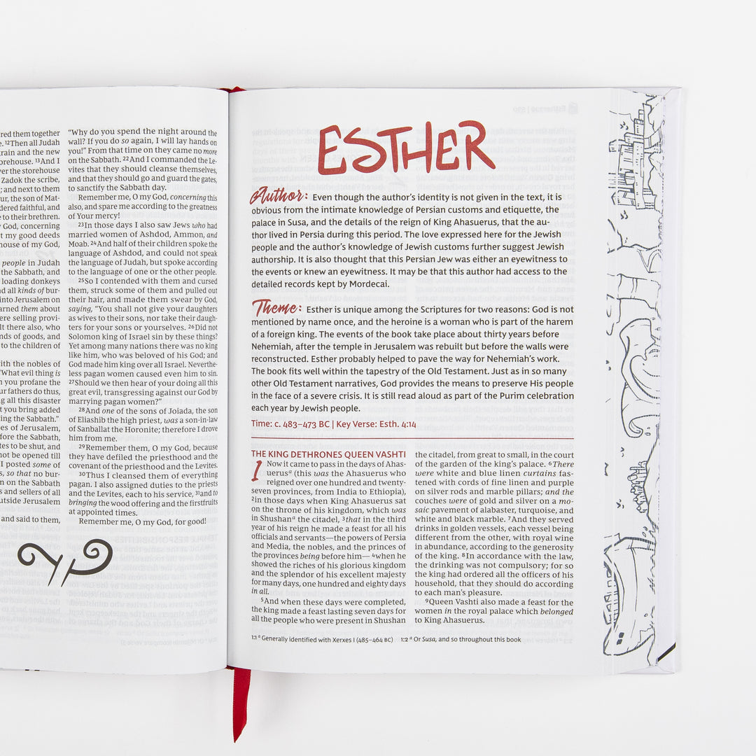 Interior spread open to the book introduction for Esther, with red hand-lettered "ESTHER" heading, sections labeled "Author" and "Theme" explaining the book&
