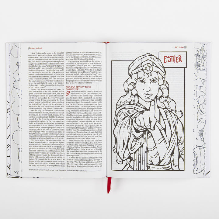 Interior two-page spread from the book of Esther showing Bible text on the left page and a full-page black-and-white line-art illustration on the right of Queen Esther in an ornate headdress and robe, pointing forward, beneath a red hand-lettered "ESTHER" title box, with faint city and building sketches in the margin.