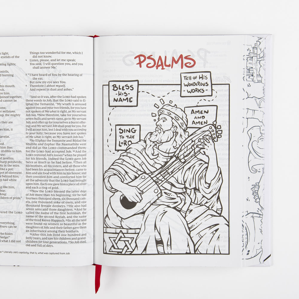 Interior spread opening the book of Psalms, with a red hand-lettered "PSALMS" title and a full-page line-art illustration of a robed, bearded man playing a lyre-like harp, surrounded by hand-lettered speech-bubble captions reading "Bless His Name," "Tell of His Wondrous Works," "Sing to the Lord," and "Amen and Amen," with a small Star of David sketched near his feet.