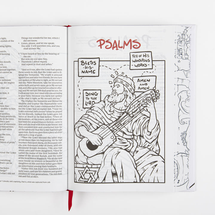 Interior spread opening the book of Psalms, with a red hand-lettered "PSALMS" title and a full-page line-art illustration of a robed, bearded man playing a lyre-like harp, surrounded by hand-lettered speech-bubble captions reading "Bless His Name," "Tell of His Wondrous Works," "Sing to the Lord," and "Amen and Amen," with a small Star of David sketched near his feet.