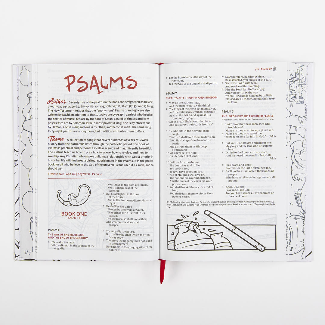 Interior spread from the book of Psalms showing the book introduction with "Author" and "Theme" notes, a small line-art illustration of a tree with a scroll captioned "Book One, Psalms 1-41," and the printed text of Psalms 1 and 2 continuing onto the facing page.