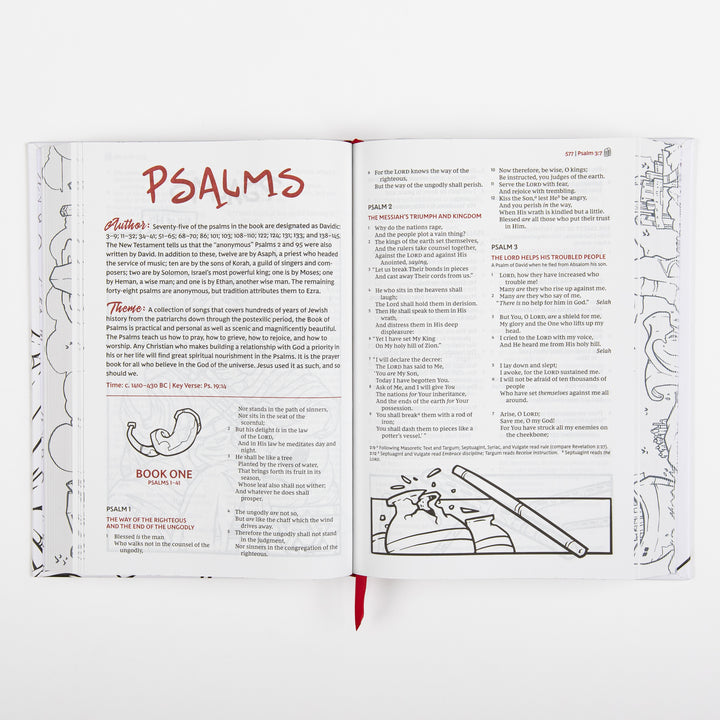 Interior spread from the book of Psalms showing the book introduction with "Author" and "Theme" notes, a small line-art illustration of a tree with a scroll captioned "Book One, Psalms 1-41," and the printed text of Psalms 1 and 2 continuing onto the facing page.