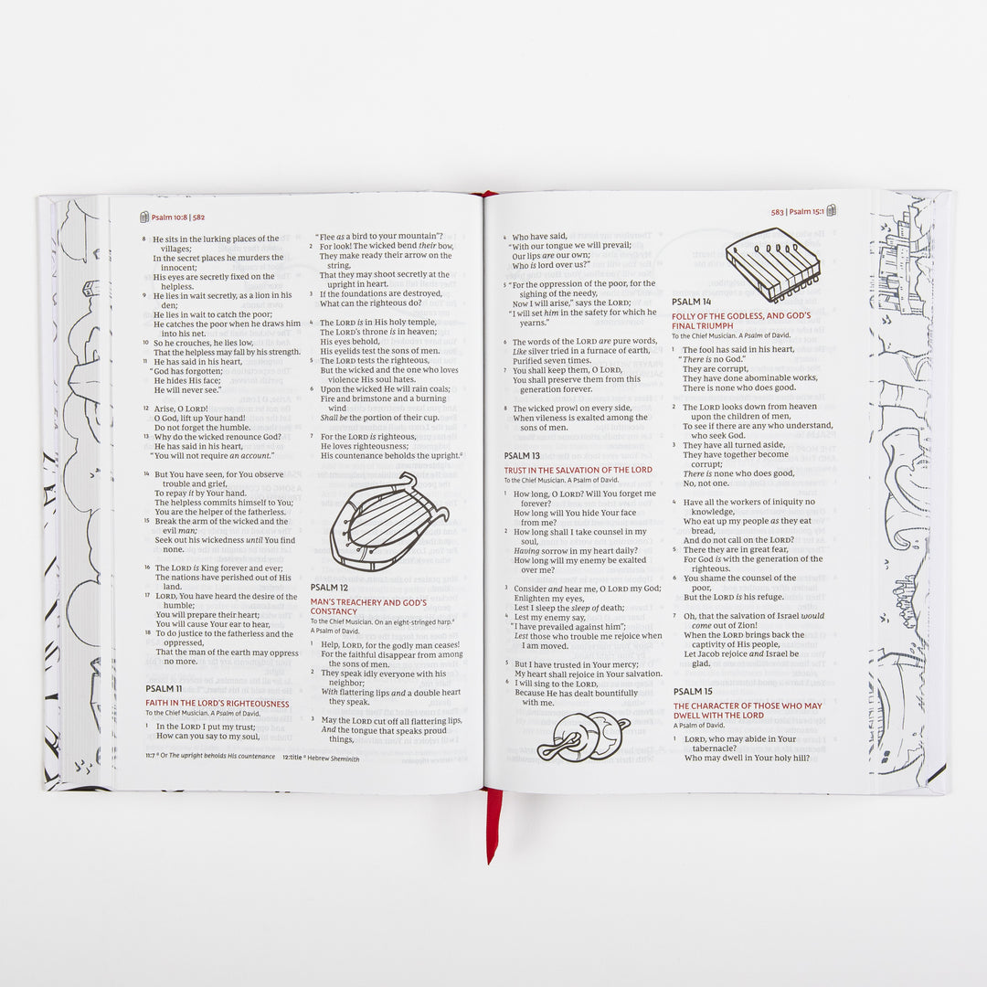 Interior spread showing printed text of Psalms 10 through 15, with small decorative line-art illustrations in the margins including a harp/lyre sketch and a coiled rope or snake-like doodle between psalm sections.