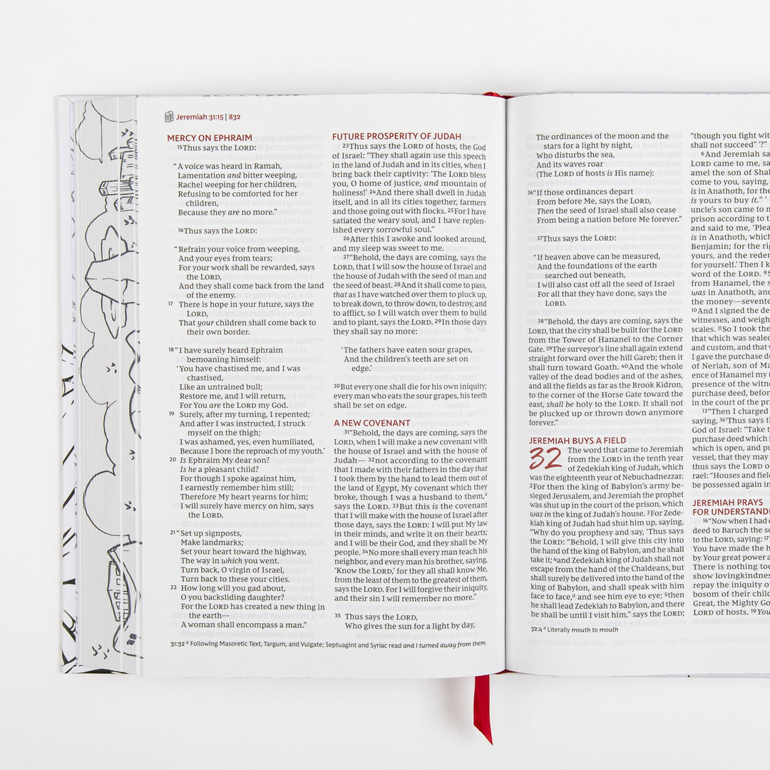 Interior spread from the book of Jeremiah showing dense columns of printed Bible text across chapters 31 and 32, including the heading "Jeremiah Buys a Field," with a faint decorative line-art illustration bordering the left-hand margin.