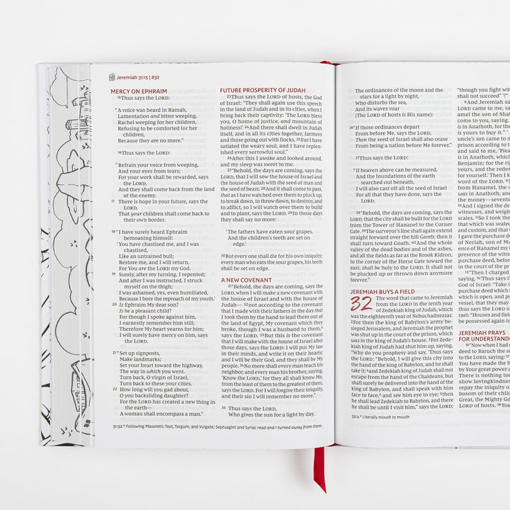 Interior spread from the book of Jeremiah showing dense columns of printed Bible text across chapters 31 and 32, including the heading "Jeremiah Buys a Field," with a faint decorative line-art illustration bordering the left-hand margin.