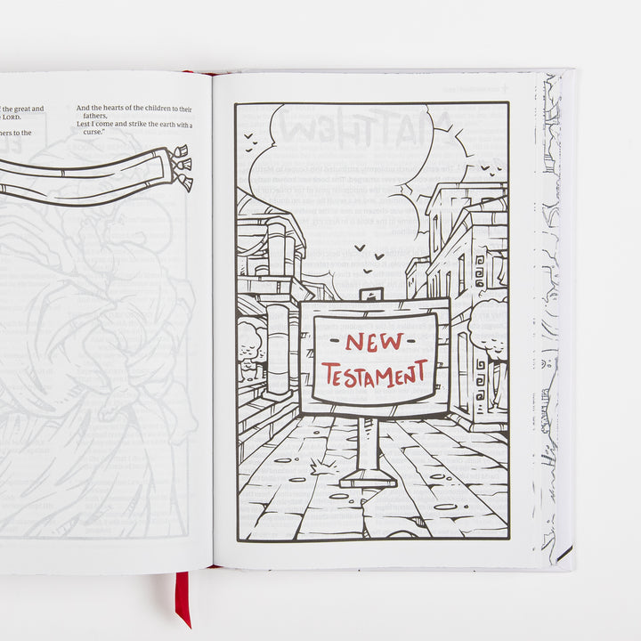 Interior spread marking the start of the New Testament, with a full-page black-and-white line-art illustration of an ancient street scene showing columned buildings and a signpost reading "NEW TESTAMENT" in red hand lettering, birds sketched overhead, and a faint mirrored "Matthew" heading and figure illustration ghosted on the facing page.