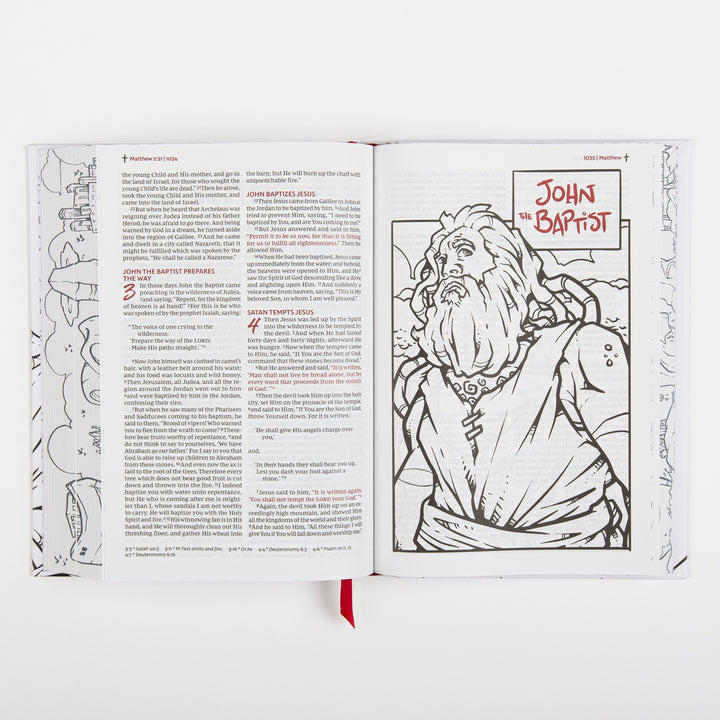 Interior spread from Matthew chapter 3, with a full-page black-and-white line-art illustration on the right of an elderly, robed John the Baptist under a boxed red hand-lettered title "JOHN the BAPTIST," facing printed text describing John preparing the way, baptizing Jesus, and Satan tempting Jesus in the wilderness.