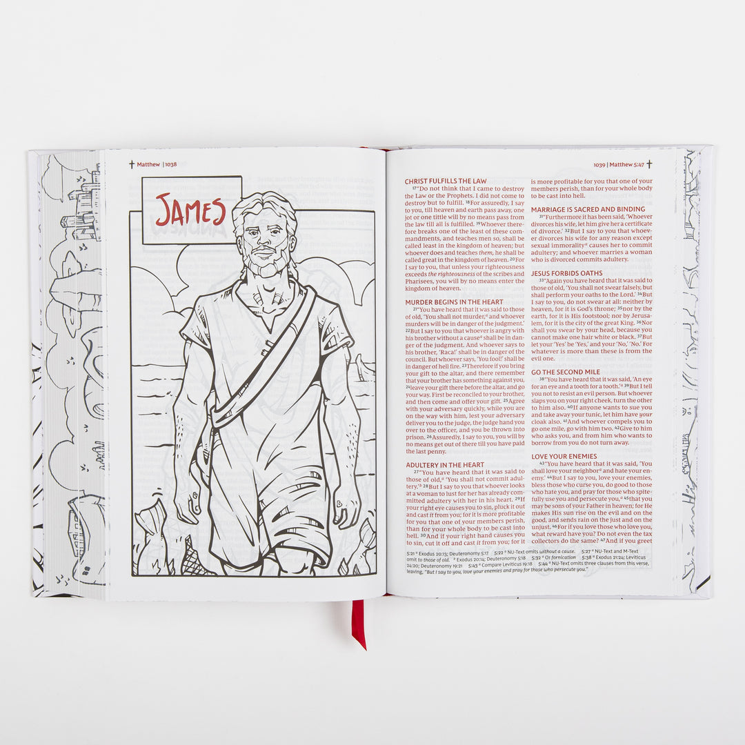 Interior spread from Matthew chapter 5, with a full-page black-and-white line-art illustration on the left of a standing robed man under a boxed red hand-lettered title "JAMES," facing printed text of the Sermon on the Mount covering topics like murder, adultery, oaths, and loving one&