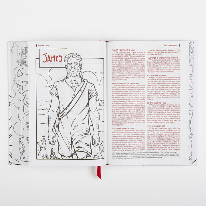 Interior spread from Matthew chapter 5, with a full-page black-and-white line-art illustration on the left of a standing robed man under a boxed red hand-lettered title "JAMES," facing printed text of the Sermon on the Mount covering topics like murder, adultery, oaths, and loving one&