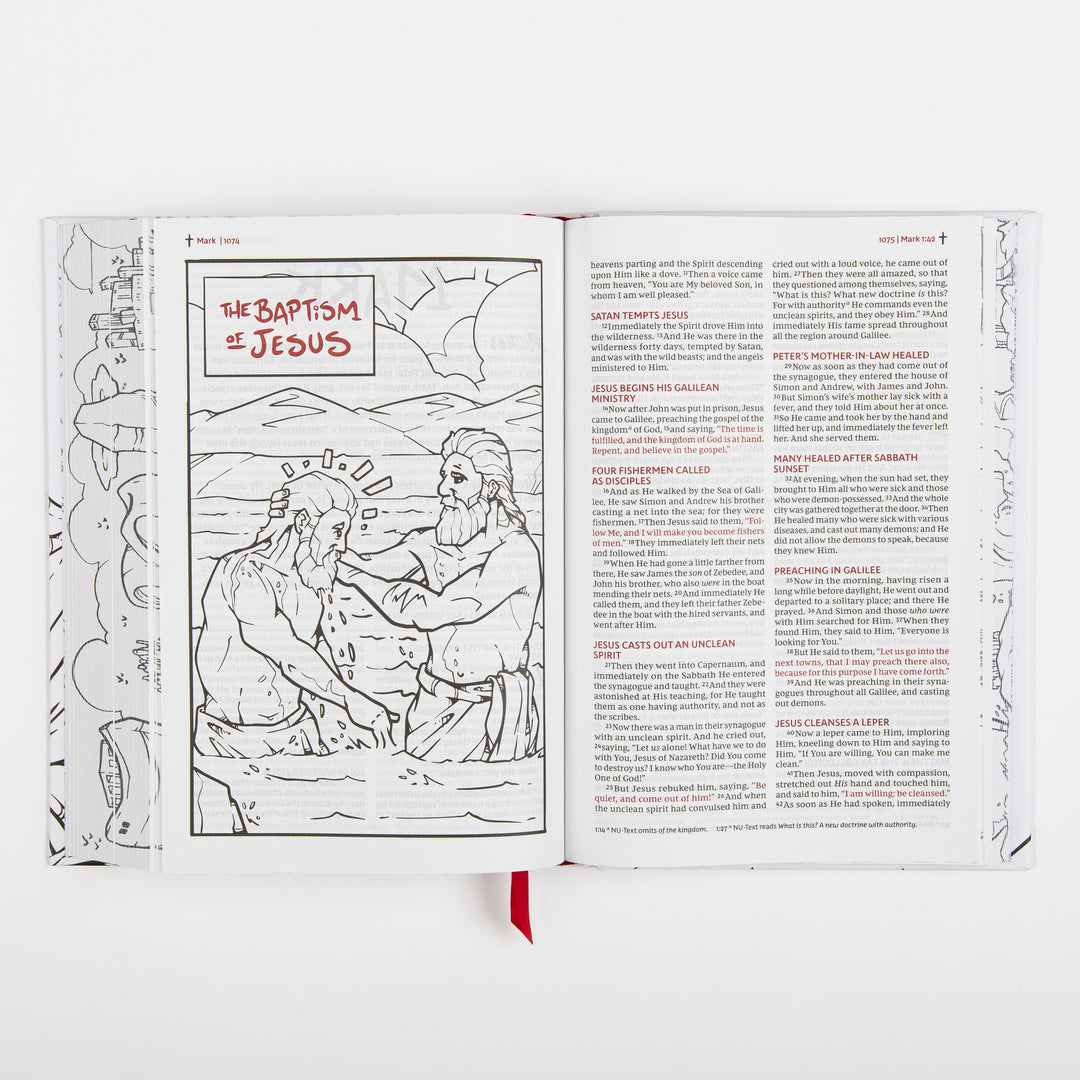 Interior spread from the Gospel of Mark chapter 1, with a full-page black-and-white line-art illustration on the left titled "THE BAPTISM OF JESUS" showing two robed figures at a riverbank with mountains behind them, facing printed text describing Jesus&