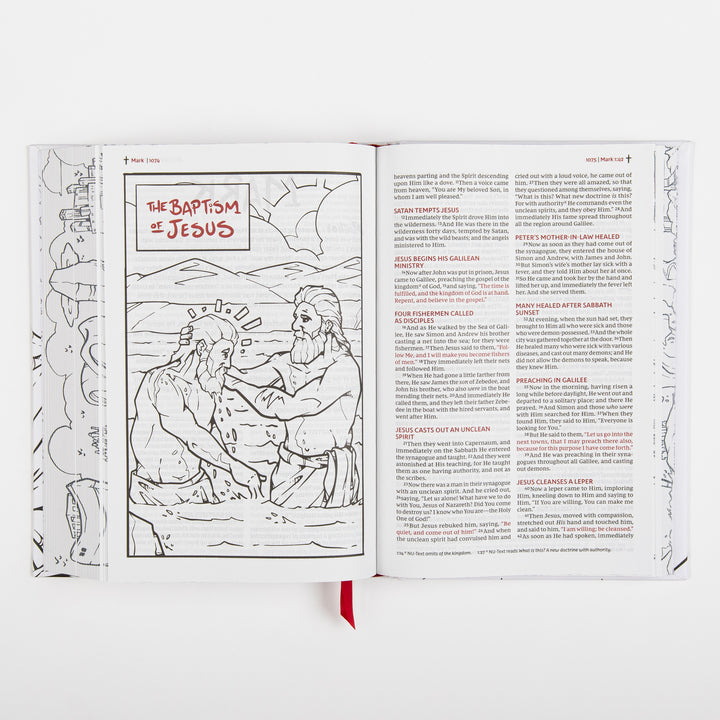 Interior spread from the Gospel of Mark chapter 1, with a full-page black-and-white line-art illustration on the left titled "THE BAPTISM OF JESUS" showing two robed figures at a riverbank with mountains behind them, facing printed text describing Jesus&