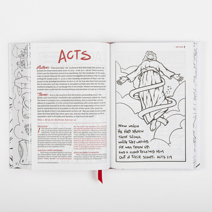 Interior spread opening the book of Acts, with red "Author" and "Theme" introduction text on the left page and a full-page black-and-white line-art illustration on the right of Jesus ascending into clouds with arms outstretched and robes swirling, hand-lettered with the caption "Now when He had spoken these things, while they watched, He was taken up, and a cloud received Him out of their sight. Acts 1:9."