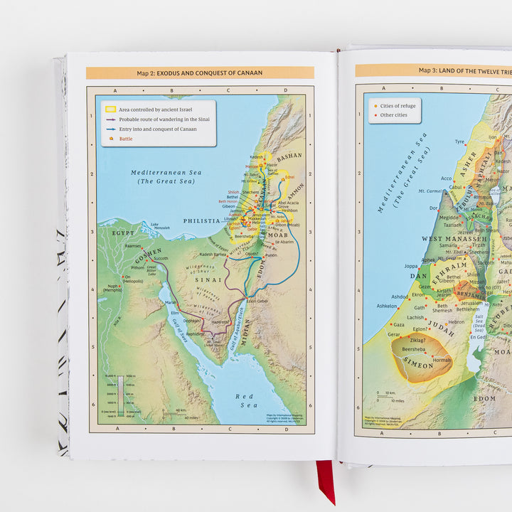 Interior spread showing two full-color reference maps: "Map 2: Exodus and Conquest of Canaan" on the left, tracing the Israelites&