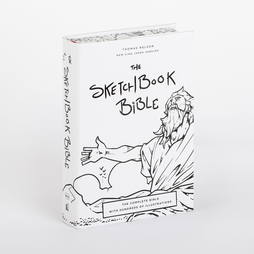 The Sketchbook Bible standing upright at a three-quarter angle, showing the white front cover with its line-art illustration of Moses reaching toward a parting sea, the hand-lettered "Sketchbook Bible" title repeated vertically down the spine, and a glimpse of hand-drawn illustrations continuing onto the edge of the back cover.
