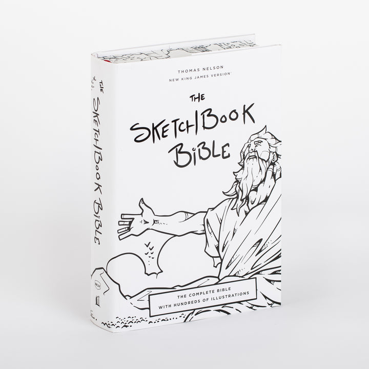 The Sketchbook Bible standing upright at a three-quarter angle, showing the white front cover with its line-art illustration of Moses reaching toward a parting sea, the hand-lettered "Sketchbook Bible" title repeated vertically down the spine, and a glimpse of hand-drawn illustrations continuing onto the edge of the back cover.